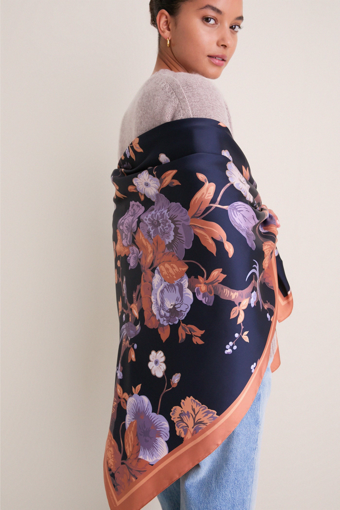 Navy Baroque Floral Large Scarf