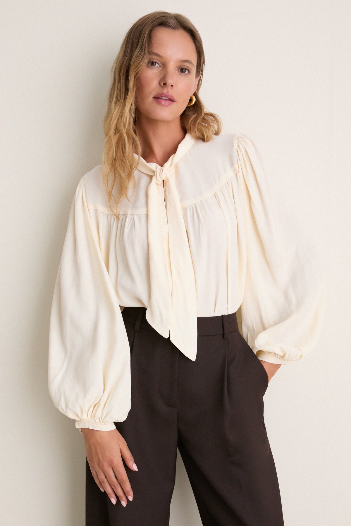Off White Pleated Front Ties Shirt