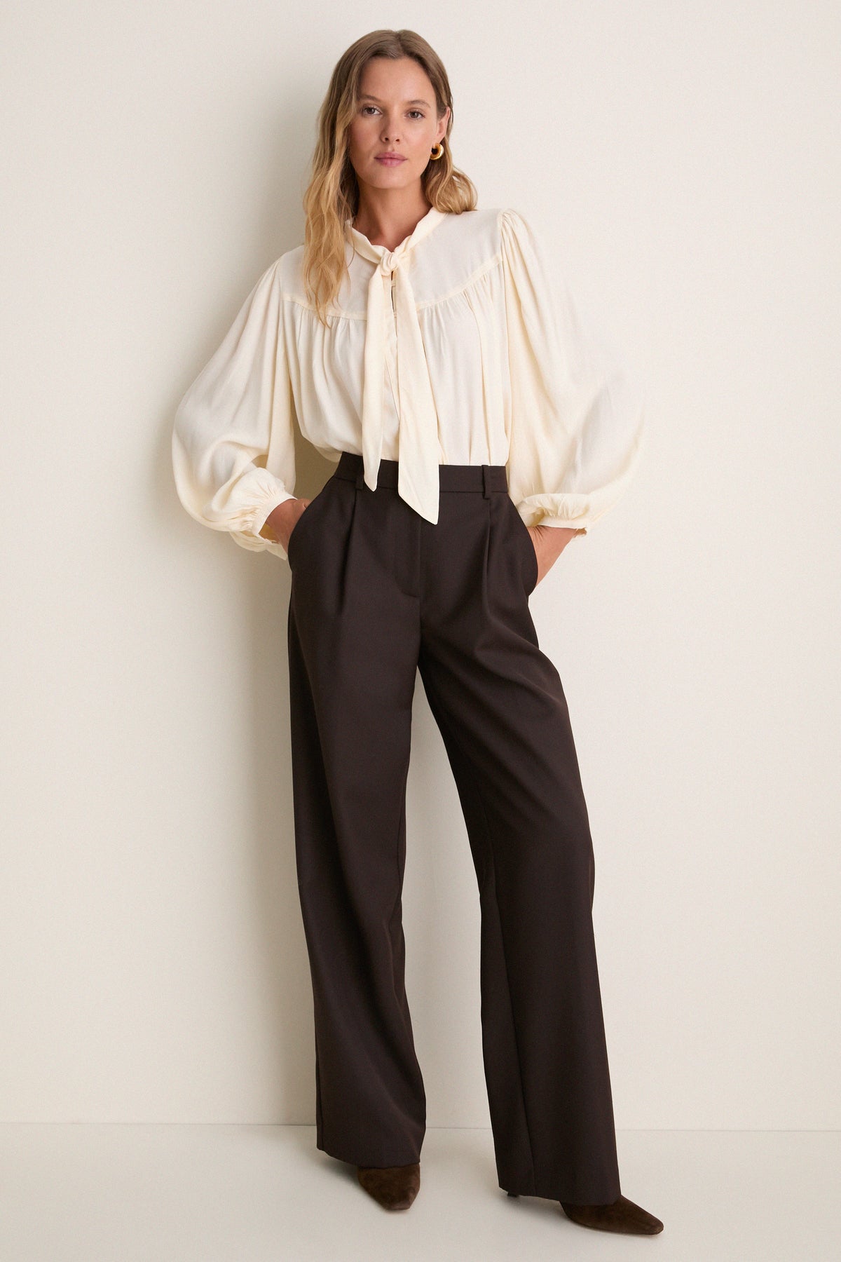 Off White Pleated Front Ties Shirt