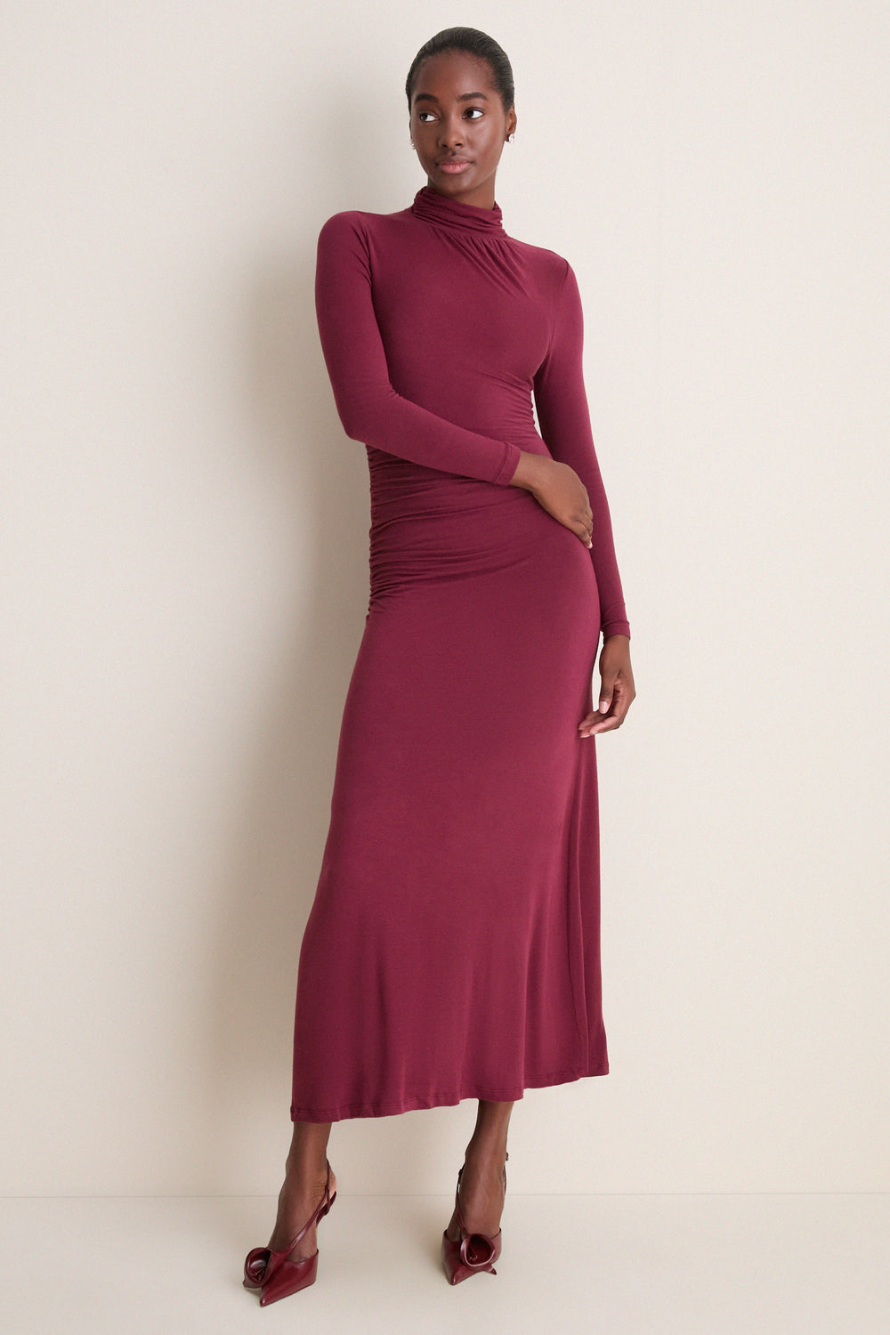 Wine High-Neck Long Sleeve Maxi Dress