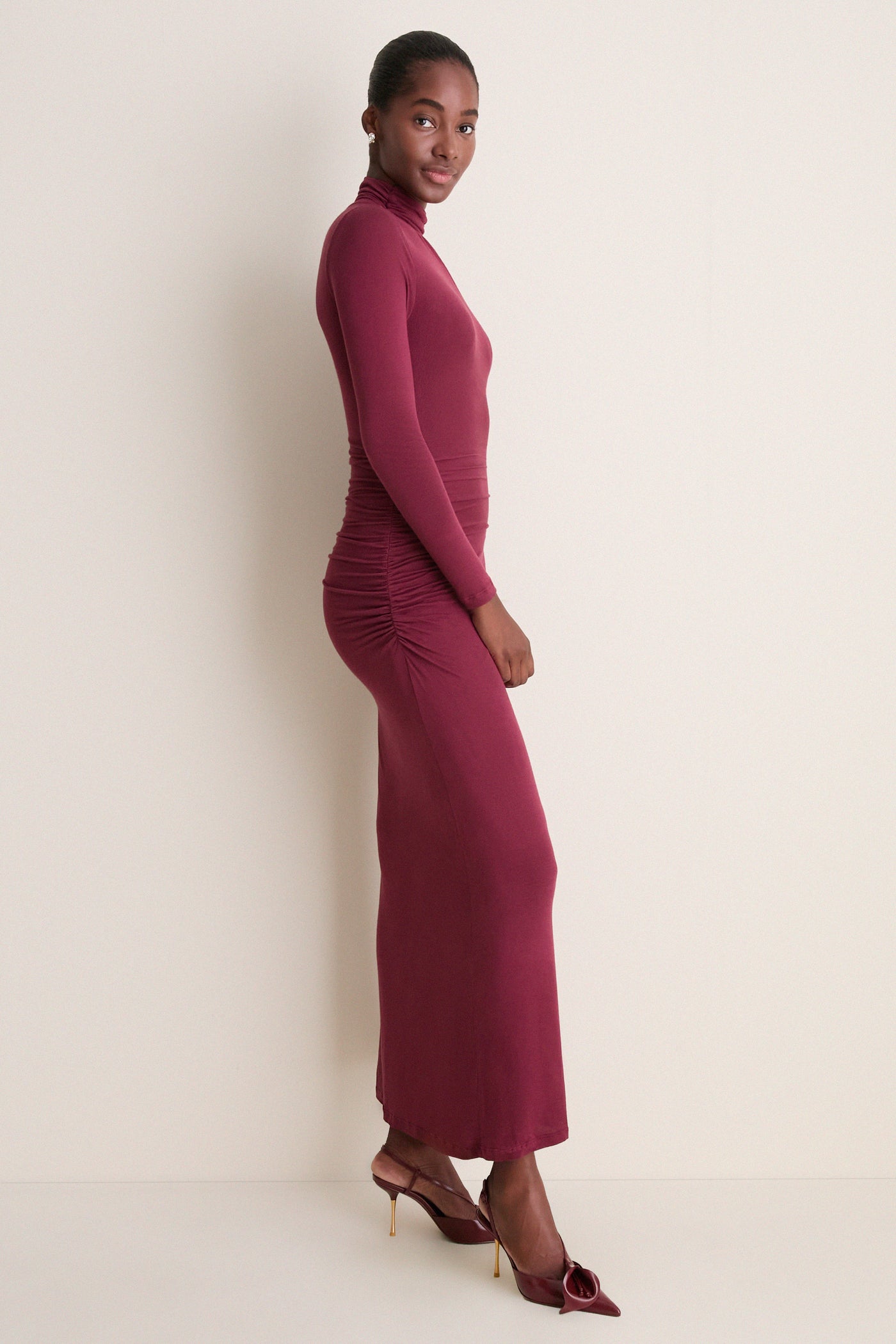 Wine High-Neck Long Sleeve Maxi Dress