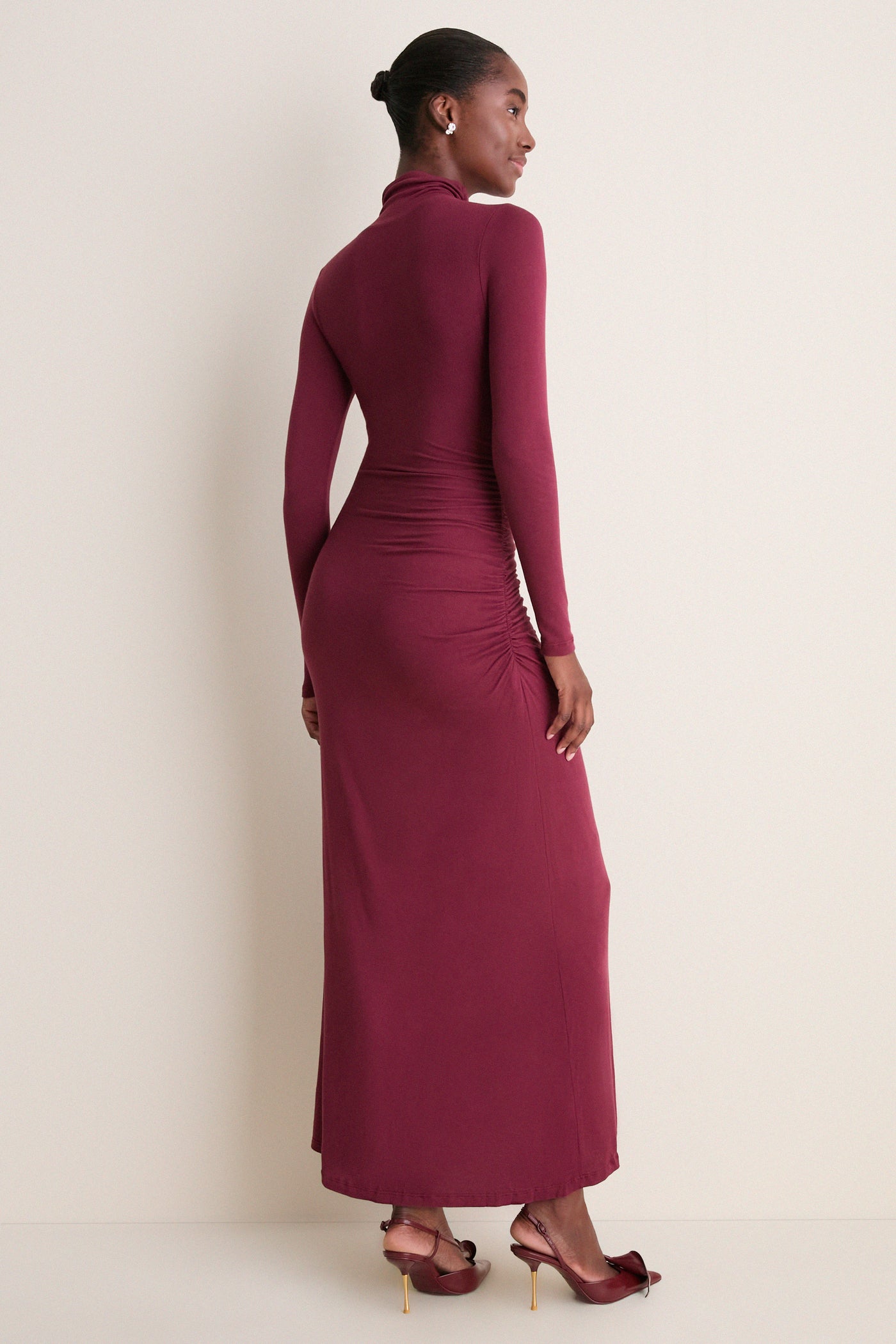 Wine High-Neck Long Sleeve Maxi Dress