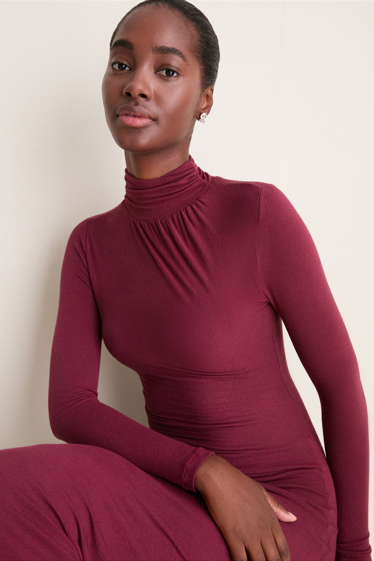 Wine High-Neck Long Sleeve Maxi Dress
