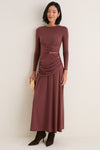 Brown Draped Long Sleeve Maxi Dress