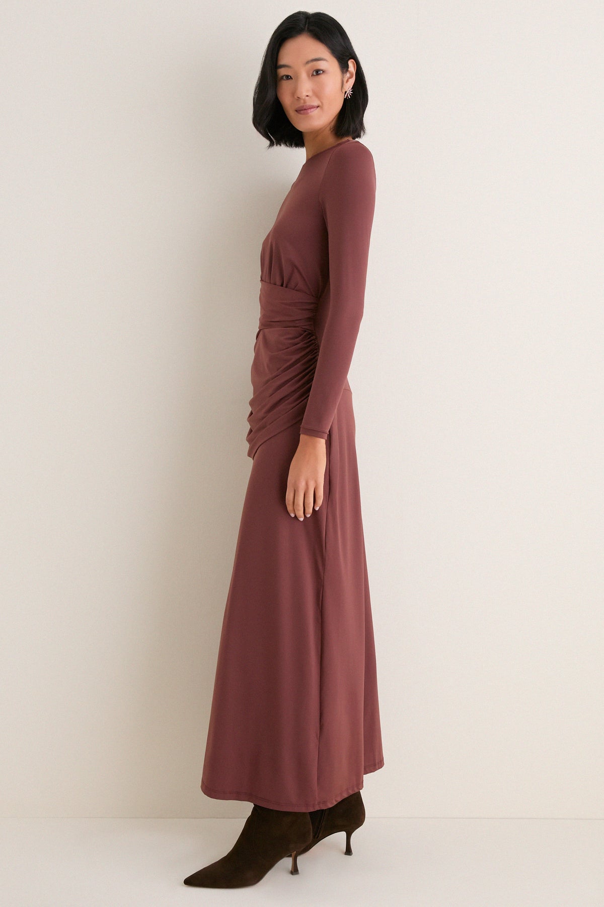 Brown Draped Long Sleeve Maxi Dress