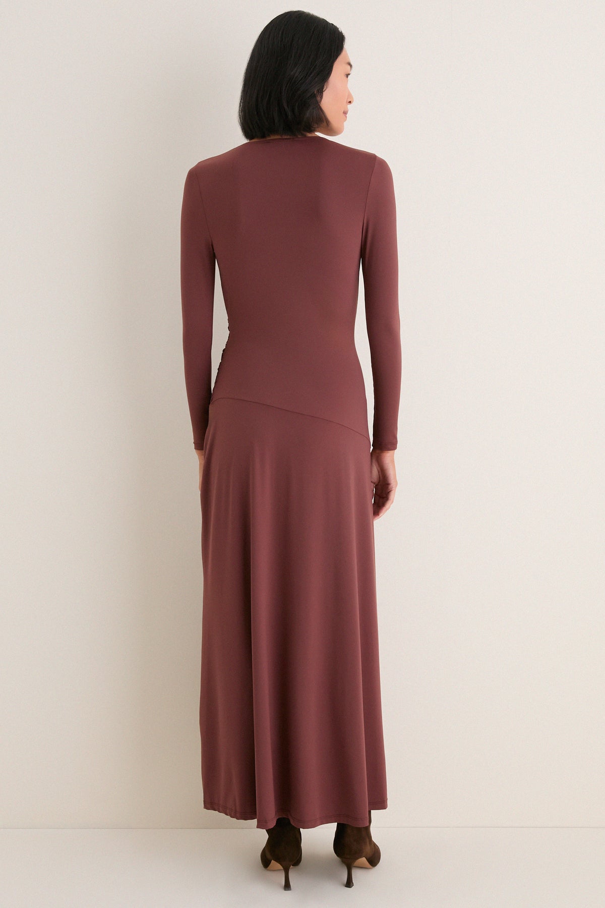 Brown Draped Long Sleeve Maxi Dress