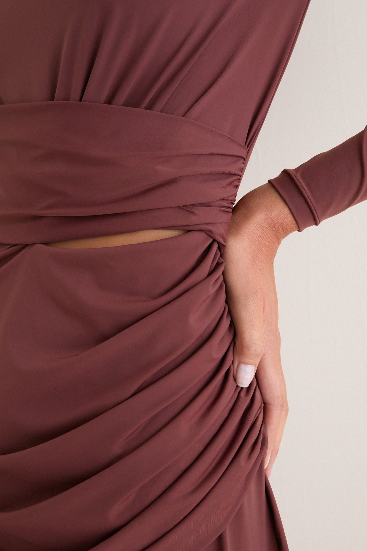 Brown Draped Long Sleeve Maxi Dress