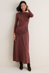 Brown Draped Long Sleeve Maxi Dress