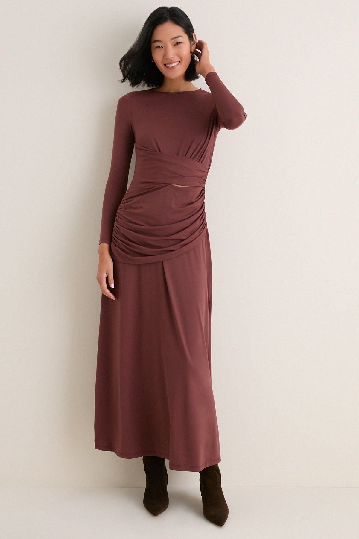 Brown Draped Long Sleeve Maxi Dress