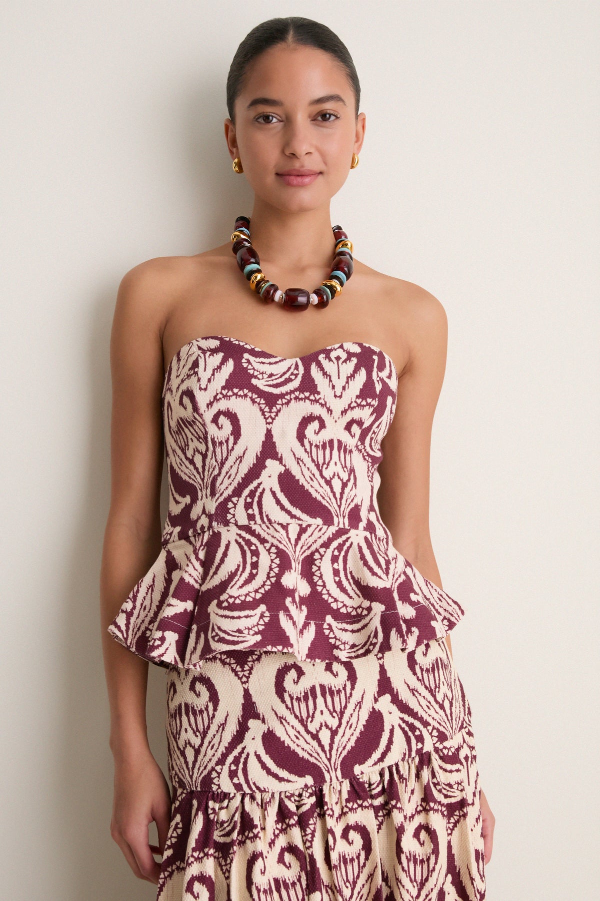 Tropikat Print Burgundy Strapless Peplum Top