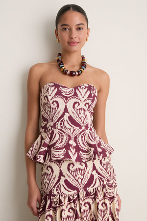 Tropikat Print Burgundy Strapless Peplum Top