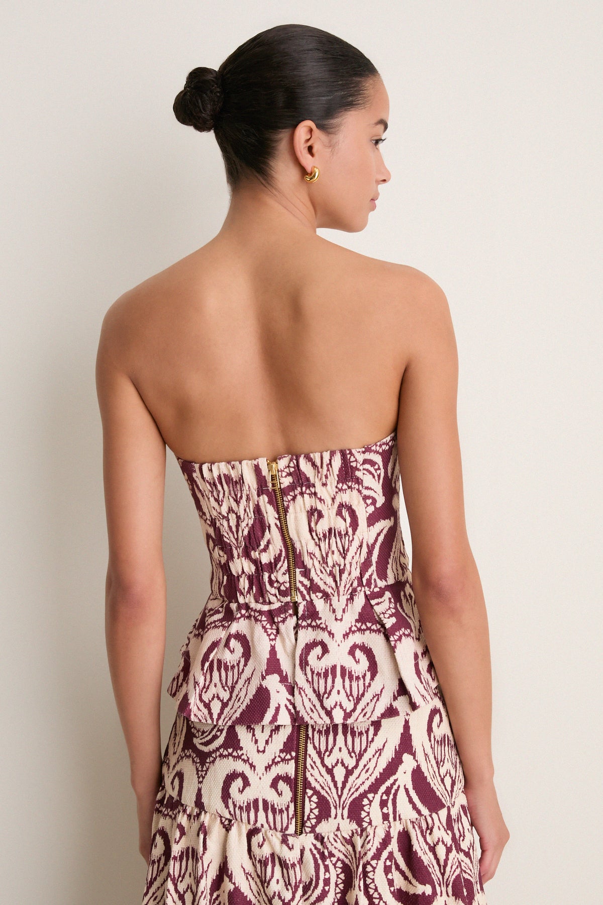 Tropikat Print Burgundy Strapless Peplum Top