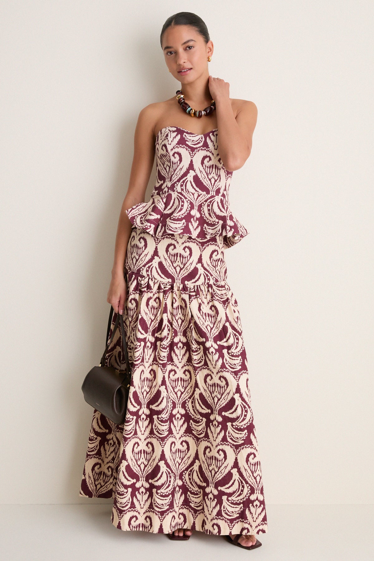 Tropikat Print Burgundy Strapless Peplum Top