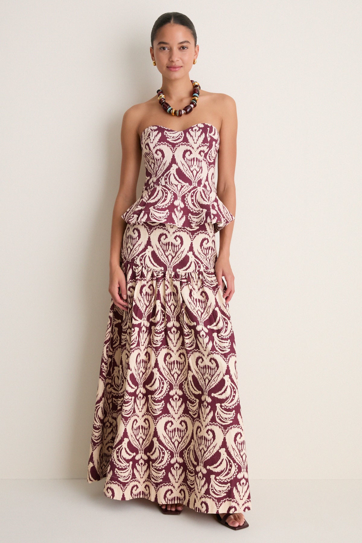 Tropikat Print Burgundy Strapless Peplum Top