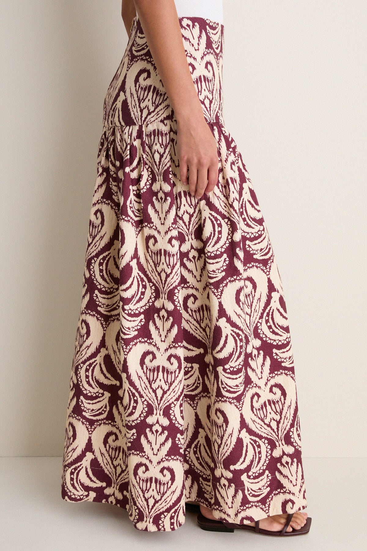 Tropikat Print Burgundy High Waist Maxi Skirt