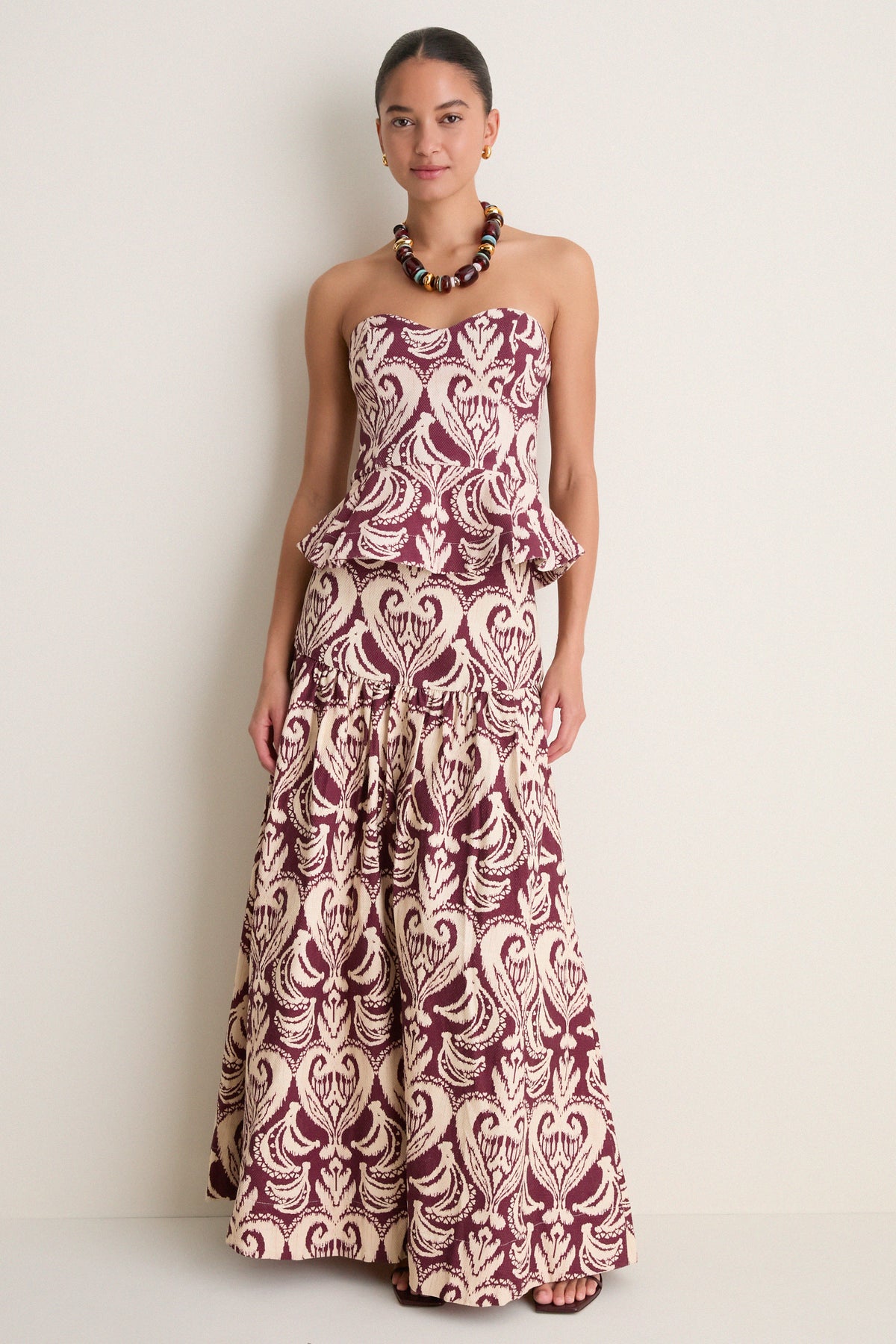 Tropikat Print Burgundy High Waist Maxi Skirt