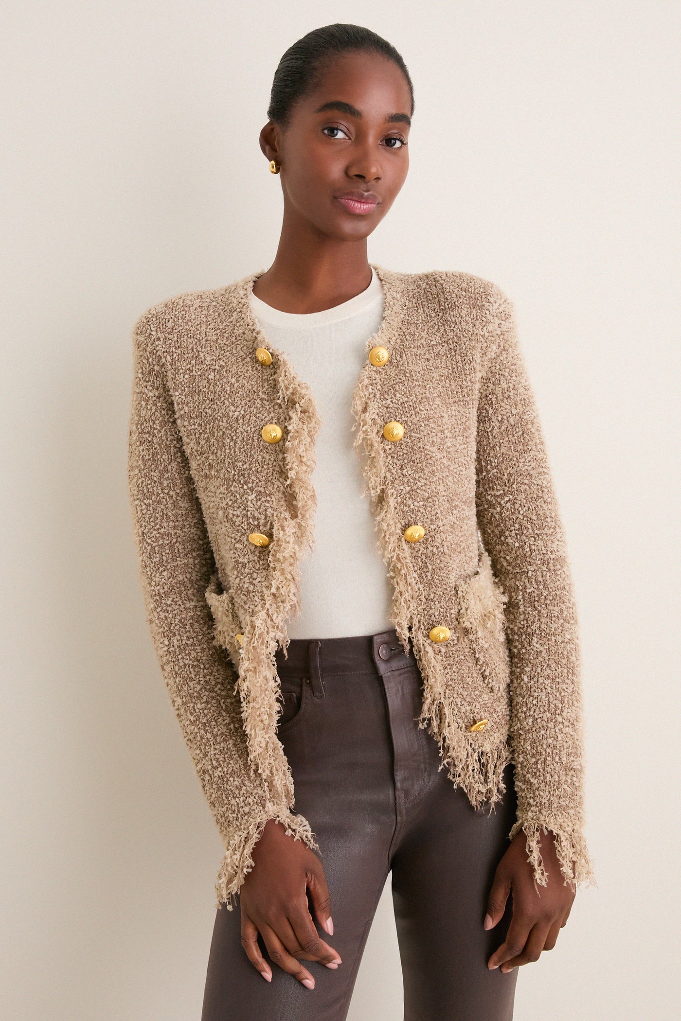 Natural Mireille Fringe Trim Cardigan