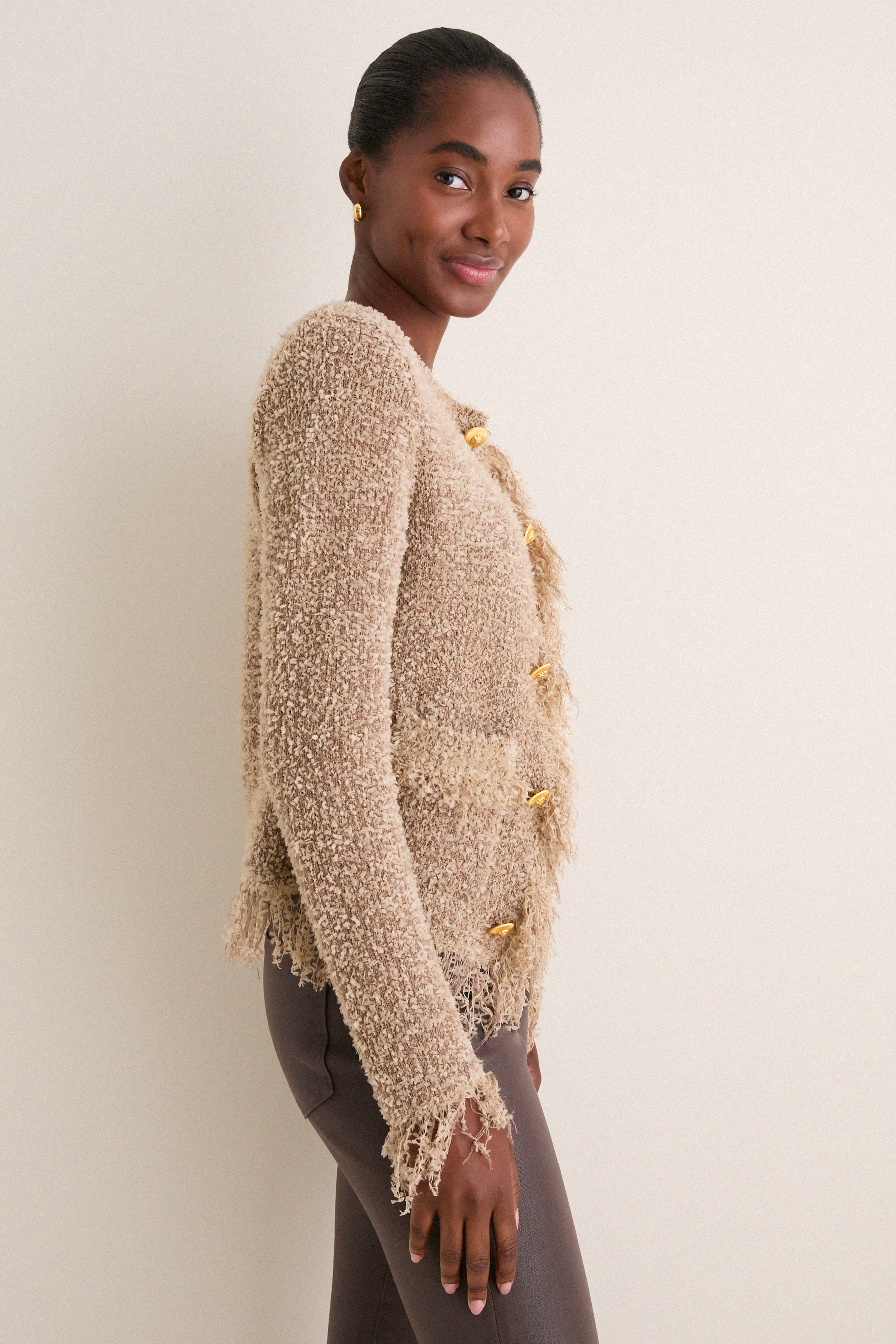 Natural Mireille Fringe Trim Cardigan
