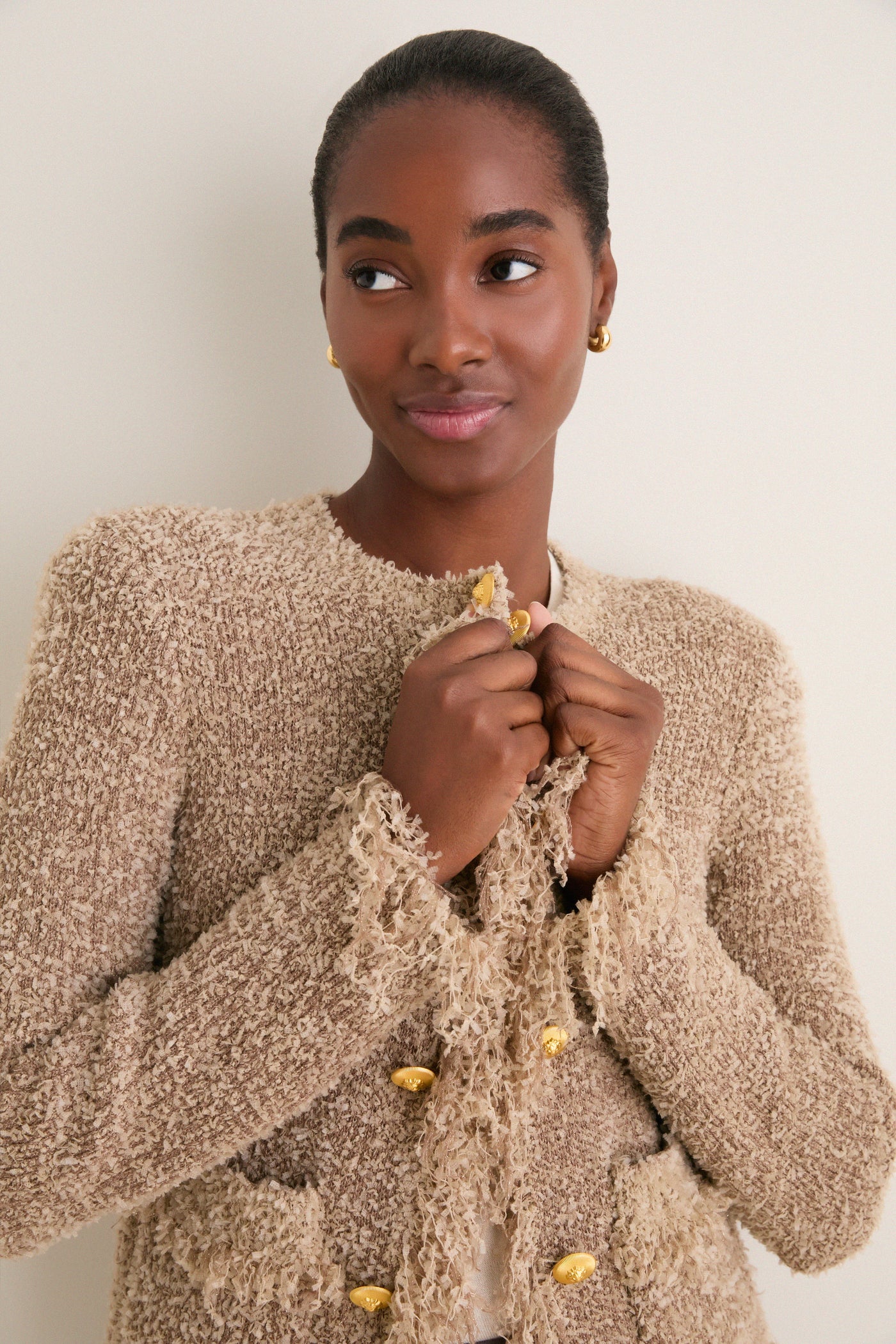 Natural Mireille Fringe Trim Cardigan