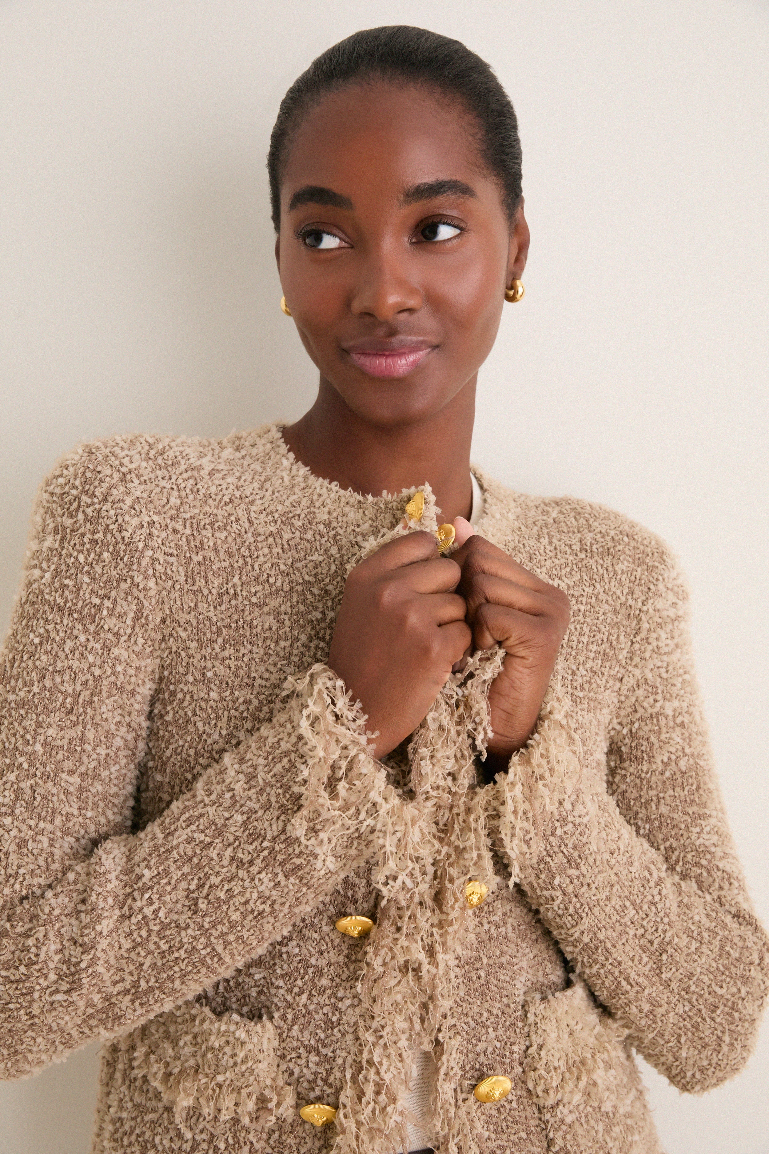 Natural Mireille Fringe Trim Cardigan