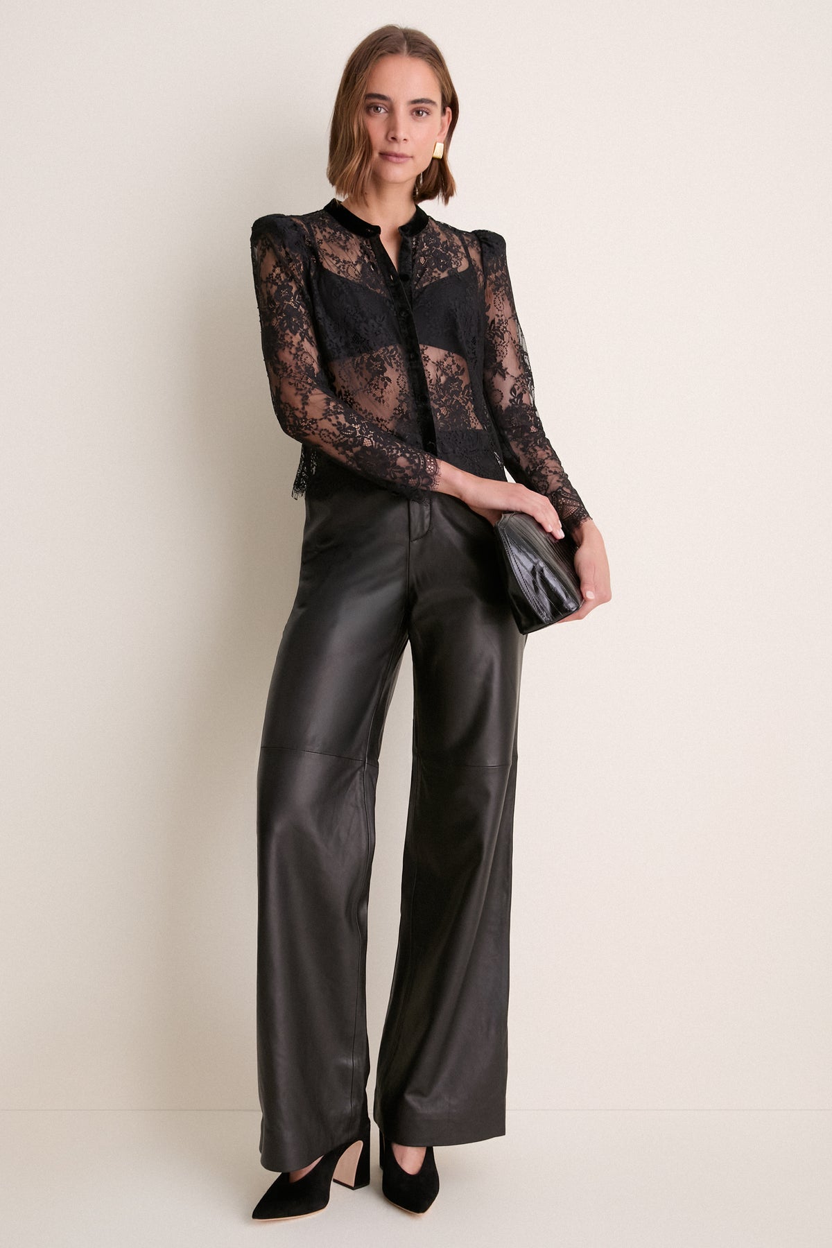 Black Dorothea Lace Velvet Collarless Blouse