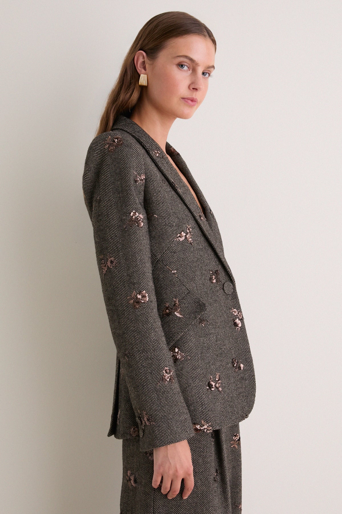 Beige and Black Gold Sequin Flower Chamberlain Blazer
