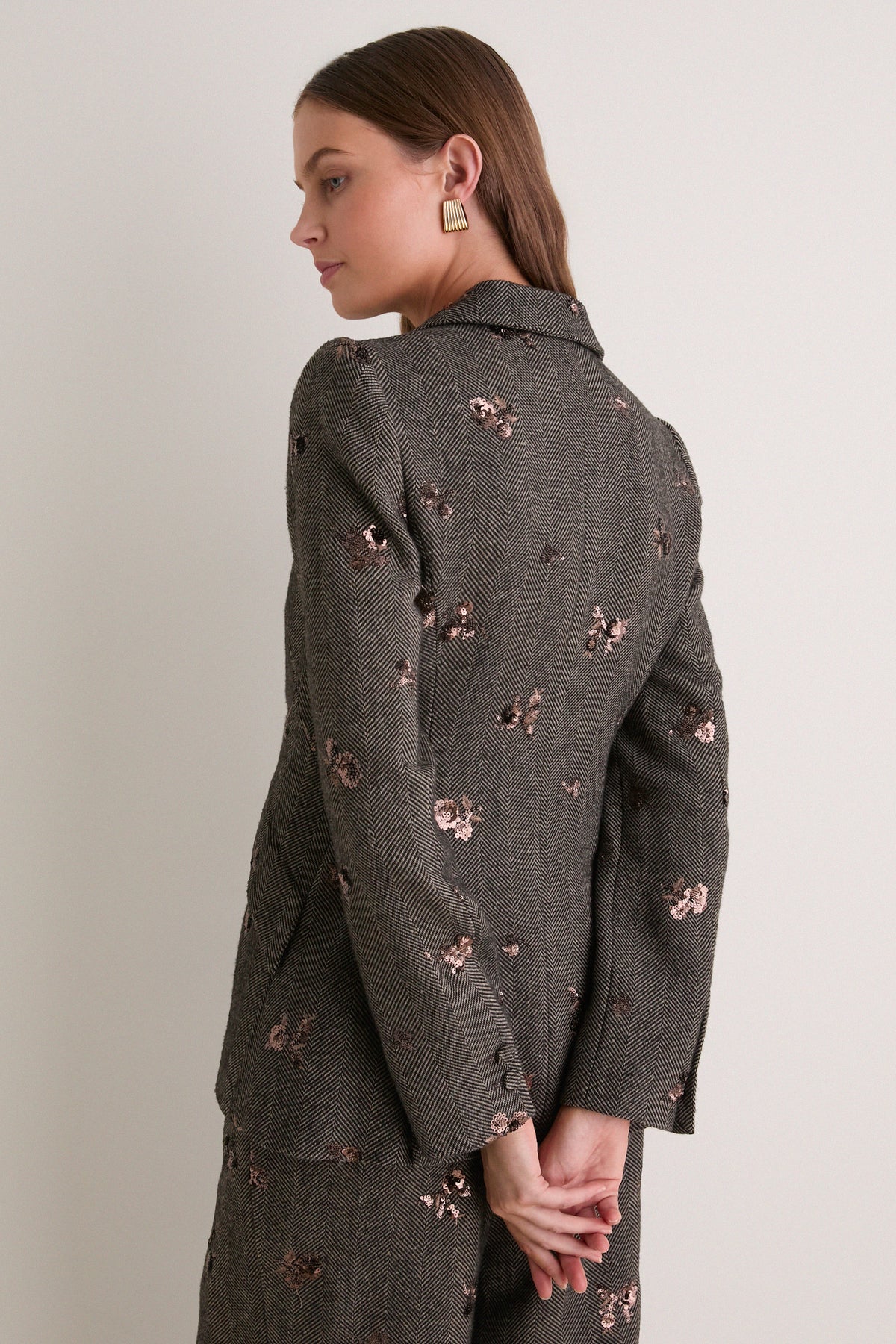 Beige and Black Gold Sequin Flower Chamberlain Blazer