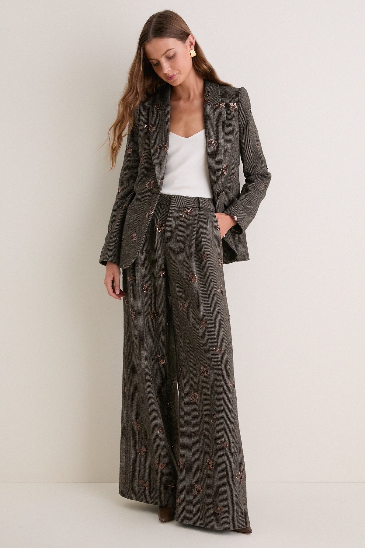 Beige and Black Gold Sequin Flower Chamberlain Blazer