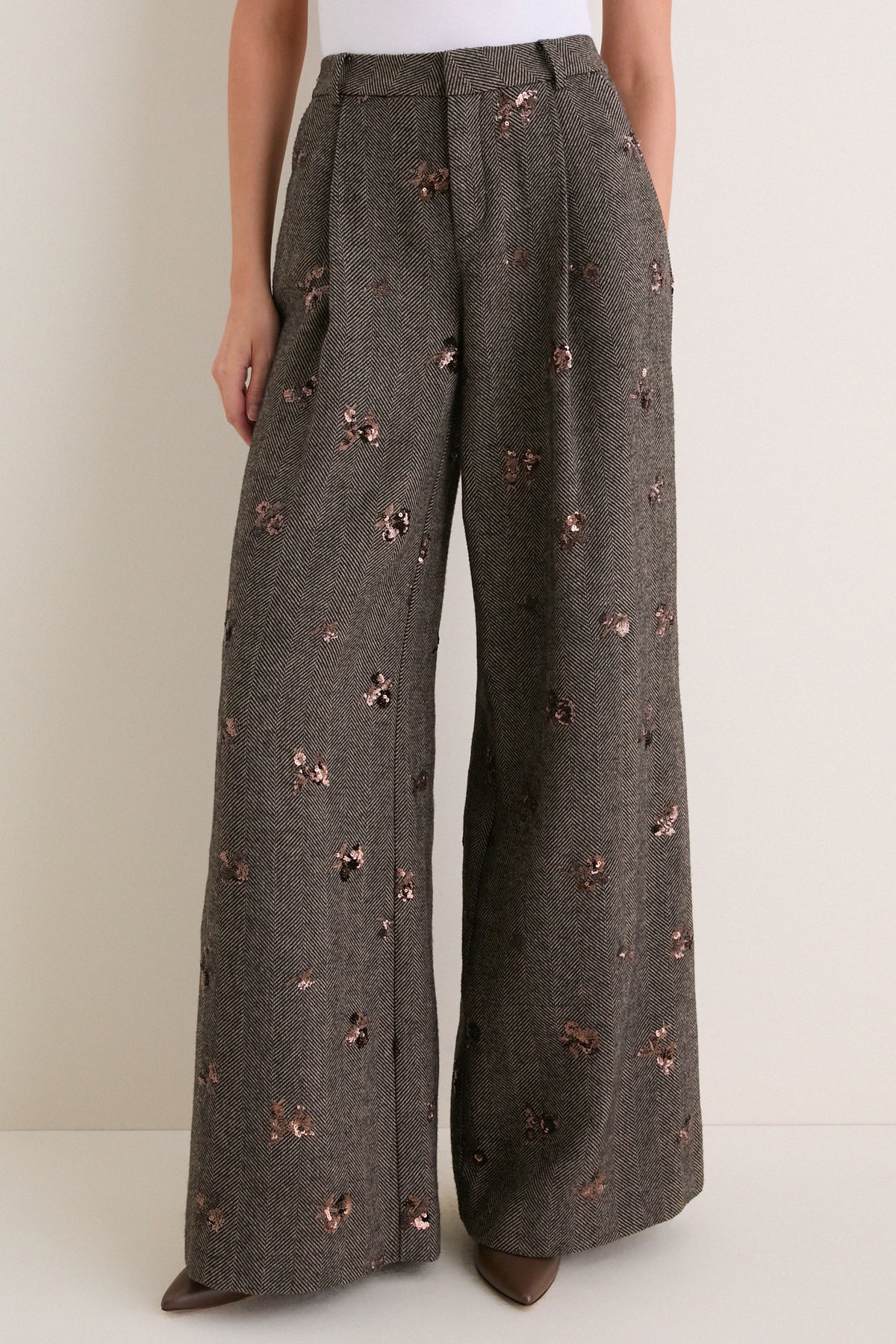 Beige and Black Gold Sequin Flower Allanah Mid Rise Trouser