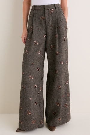 Beige and Black Gold Sequin Flower Allanah Mid Rise Trouser