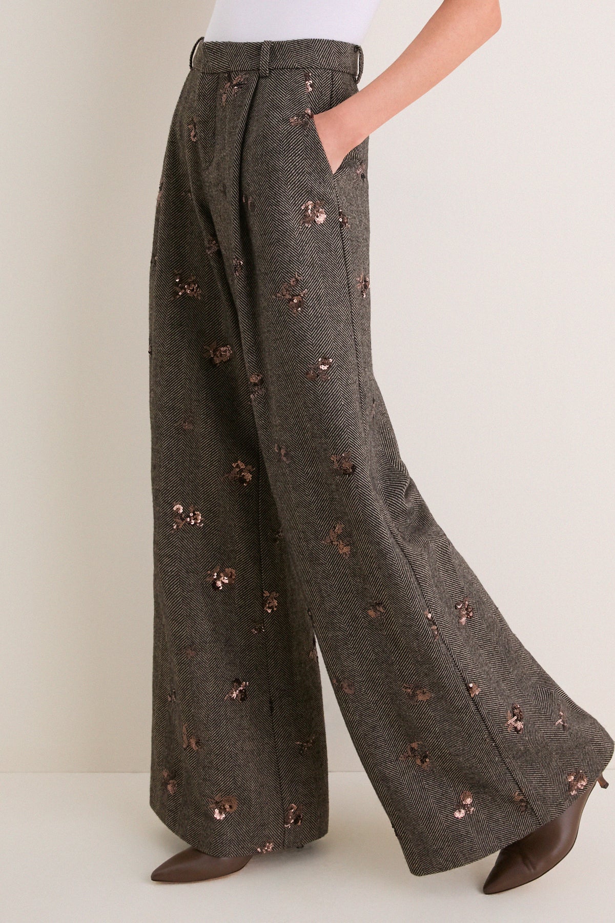 Beige and Black Gold Sequin Flower Allanah Mid Rise Trouser