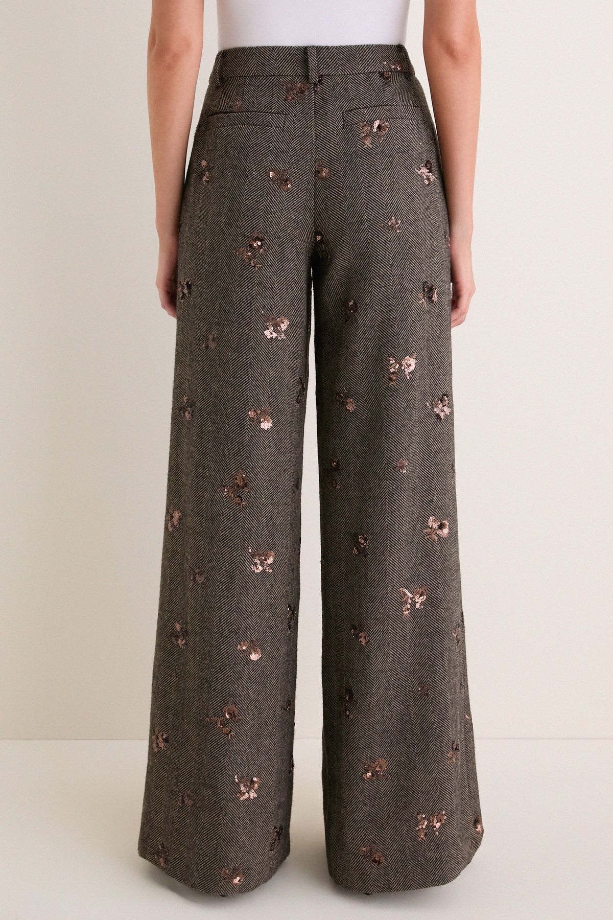 Beige and Black Gold Sequin Flower Allanah Mid Rise Trouser