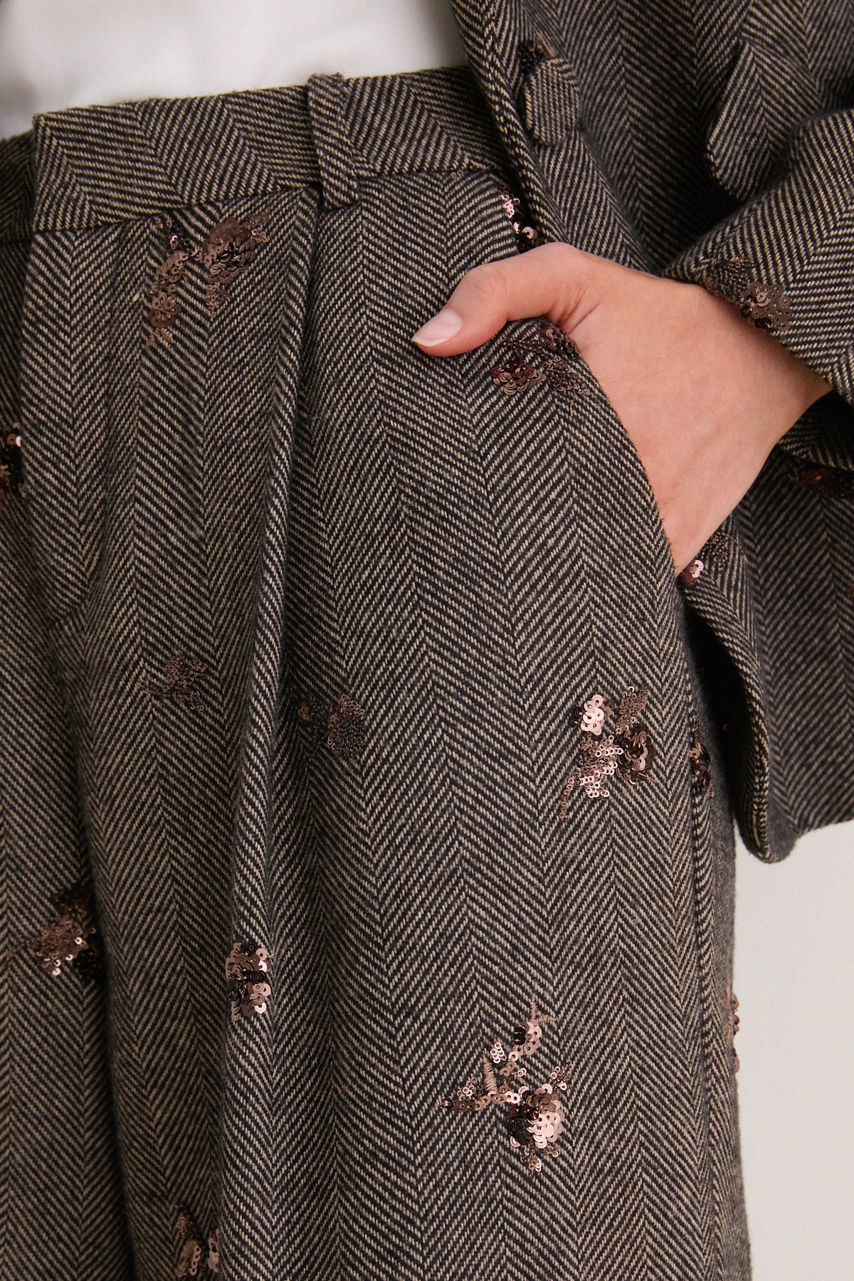 Beige and Black Gold Sequin Flower Allanah Mid Rise Trouser