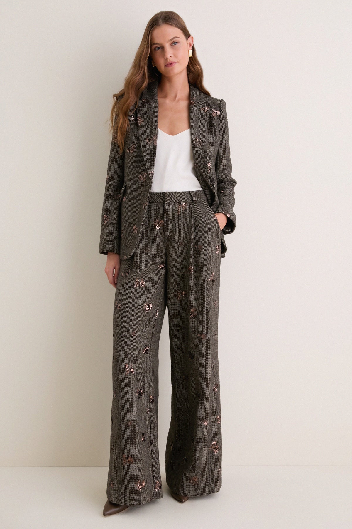 Beige and Black Gold Sequin Flower Allanah Mid Rise Trouser