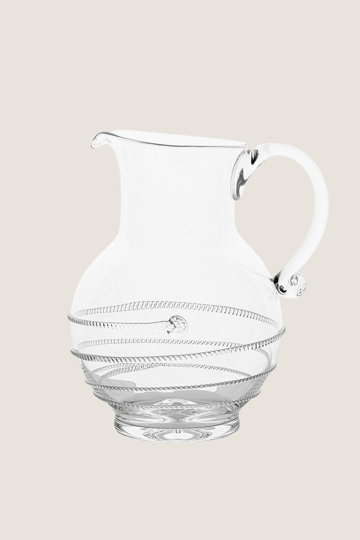 Amalia Glass Round Pitcher: A classic, high-end decorative glass pitcher with a curved handle and spiral detail, perfect for effortless fun at gatherings.