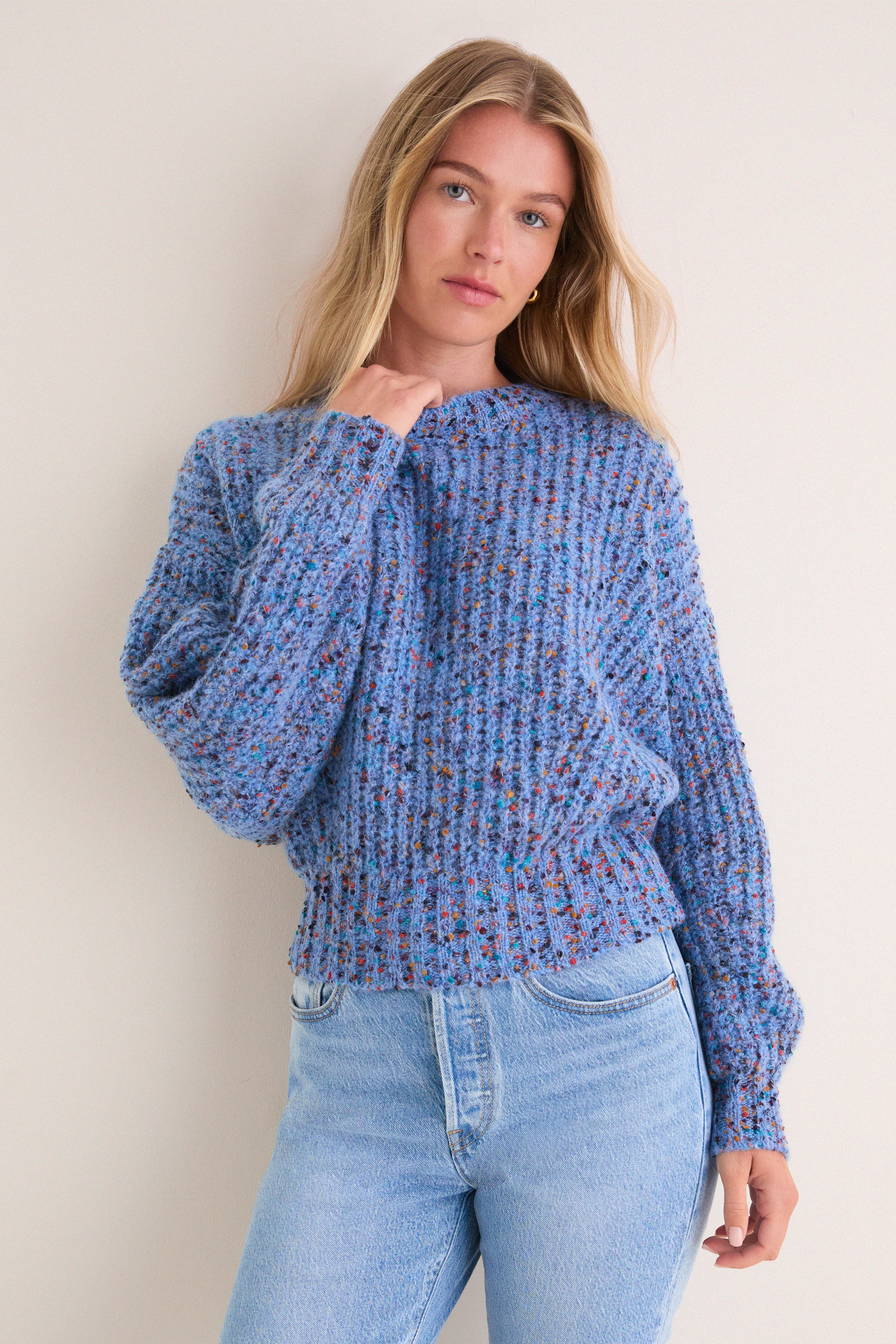 Retro Blue Jasper Slouchy Speckled Crewneck Sweater