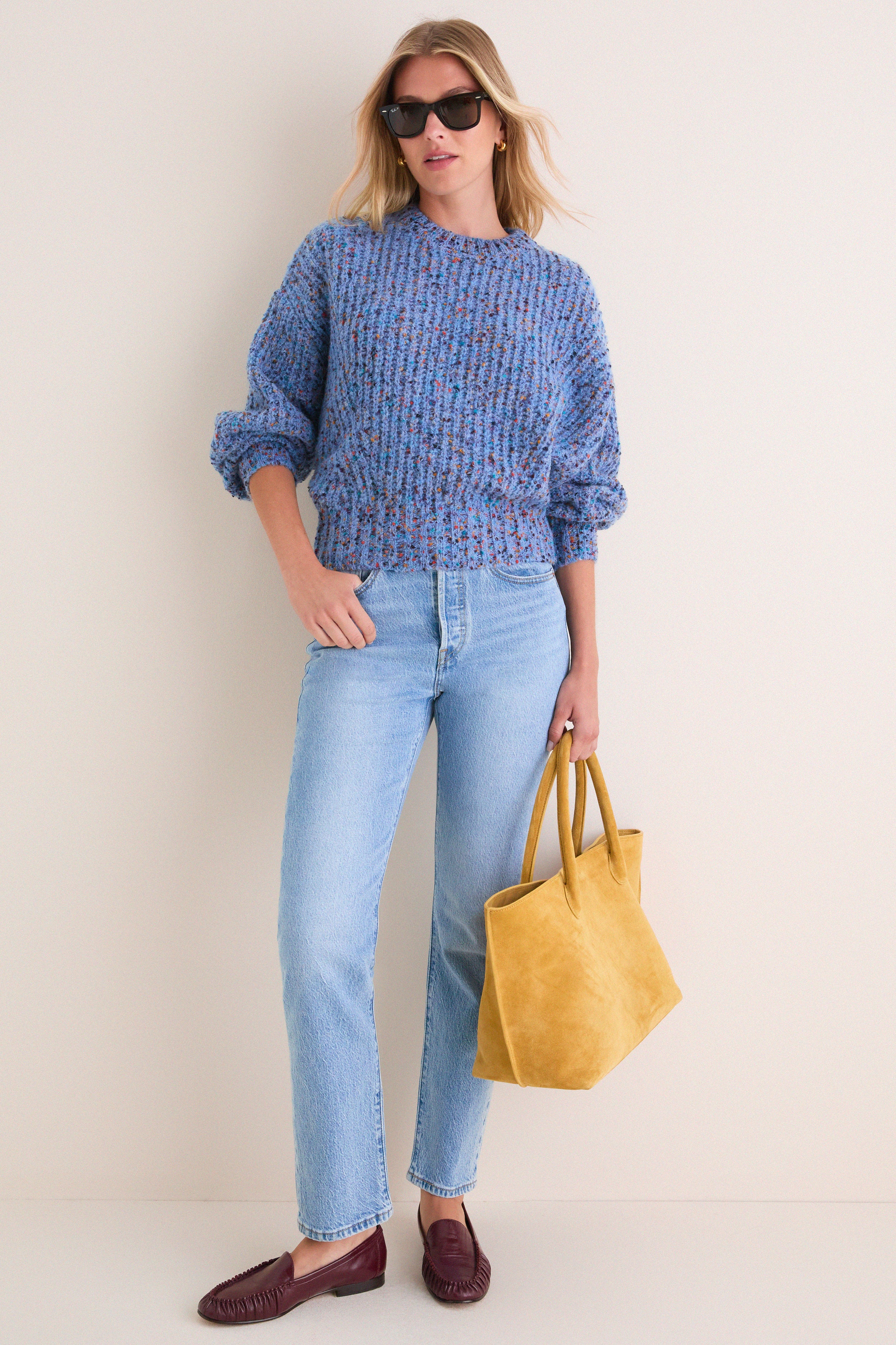 Retro Blue Jasper Slouchy Speckled Crewneck Sweater