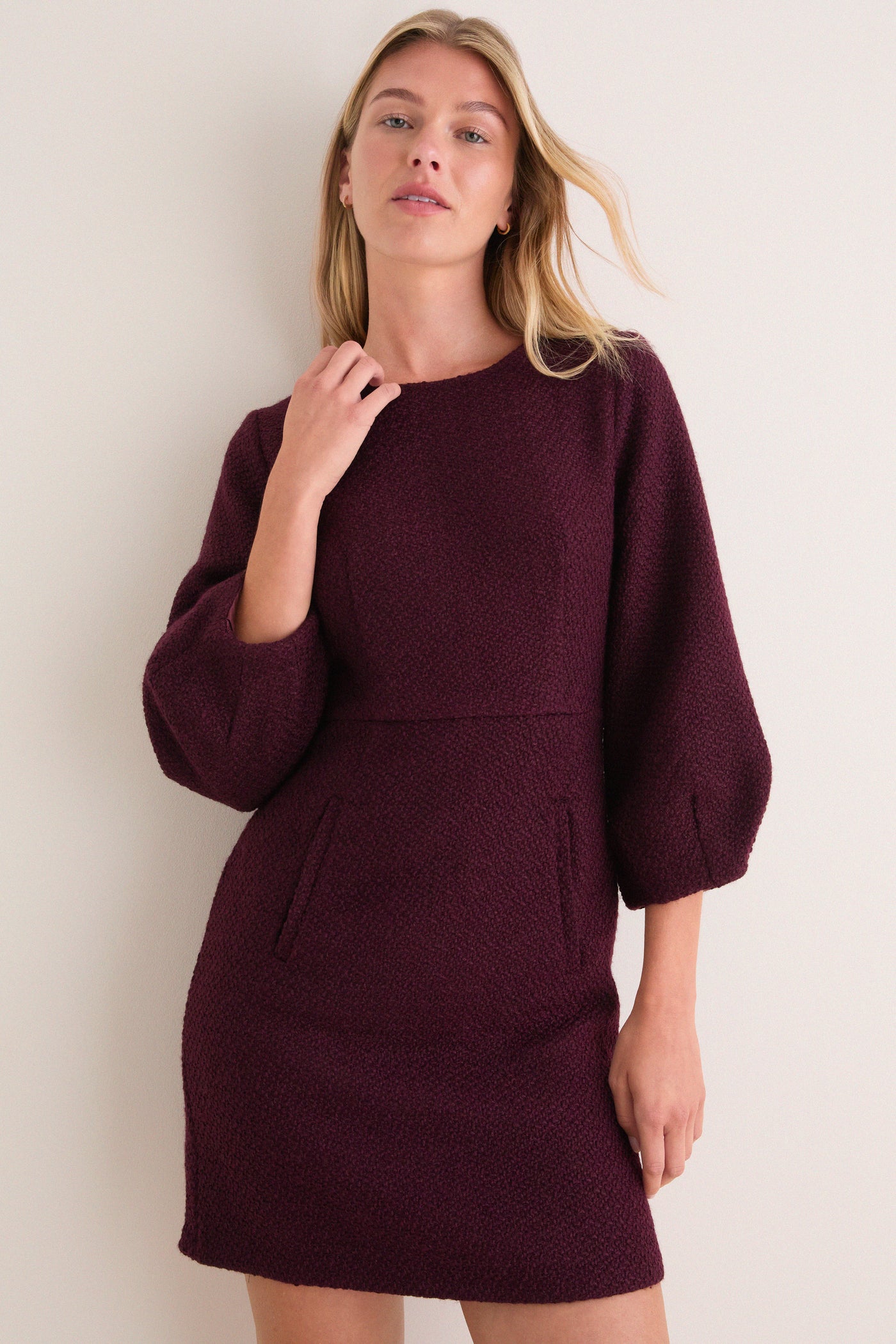 Dark Cherry Rayna Bubble Sleeve Tweed Mini Dress