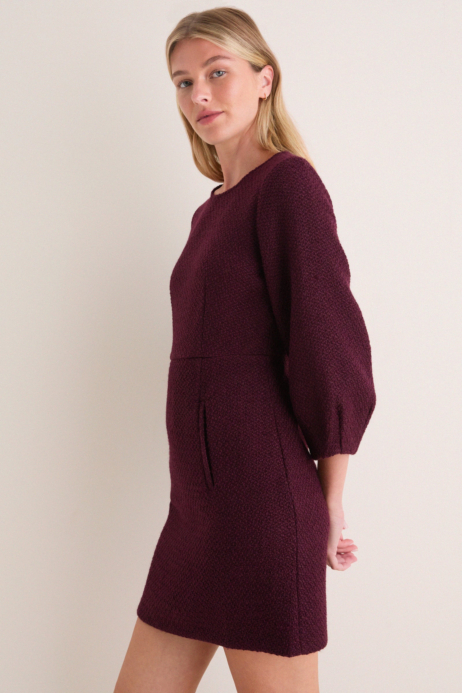 Dark Cherry Rayna Bubble Sleeve Tweed Mini Dress