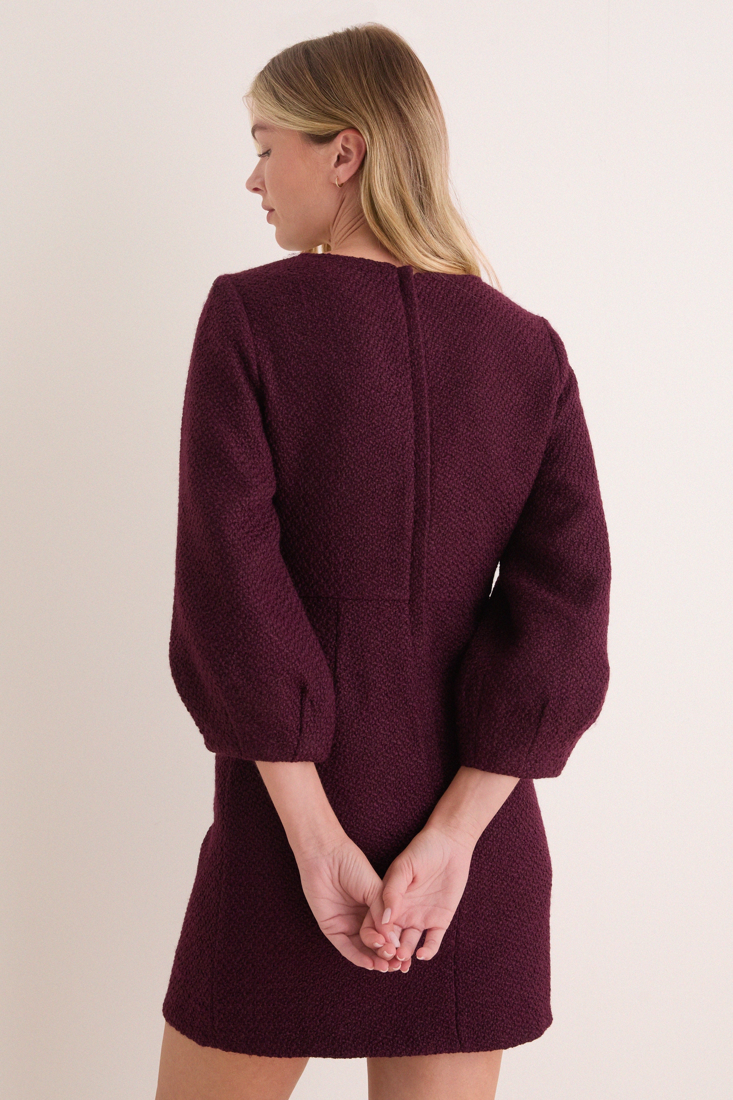 Dark Cherry Rayna Bubble Sleeve Tweed Mini Dress