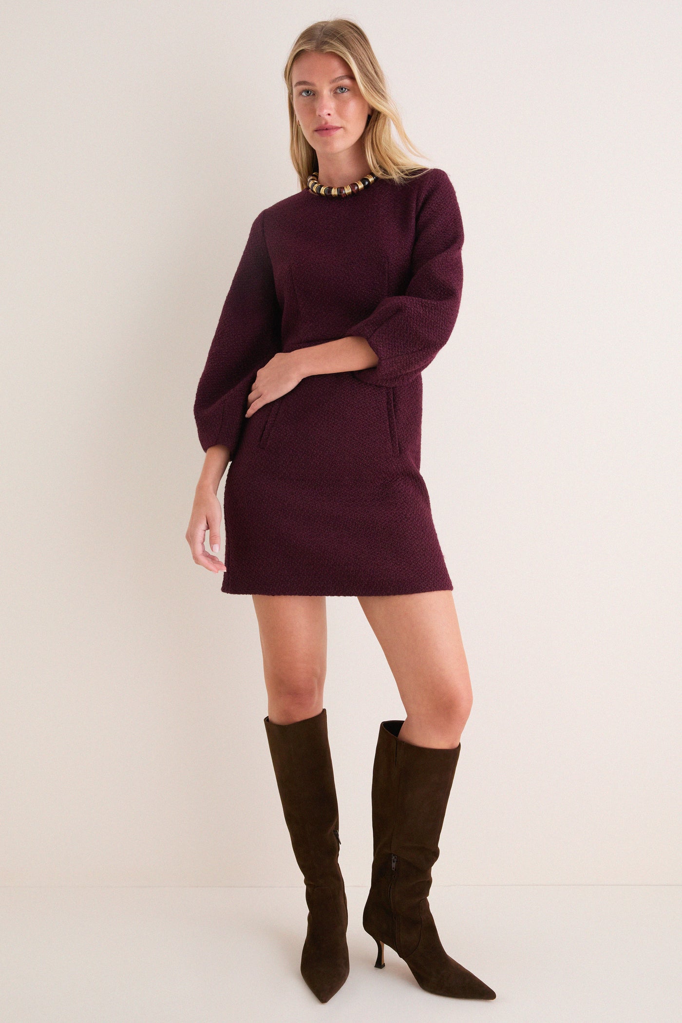 Dark Cherry Rayna Bubble Sleeve Tweed Mini Dress