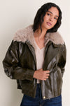 Deep Olive Sable Contrast Faux Fur Leather Jacket