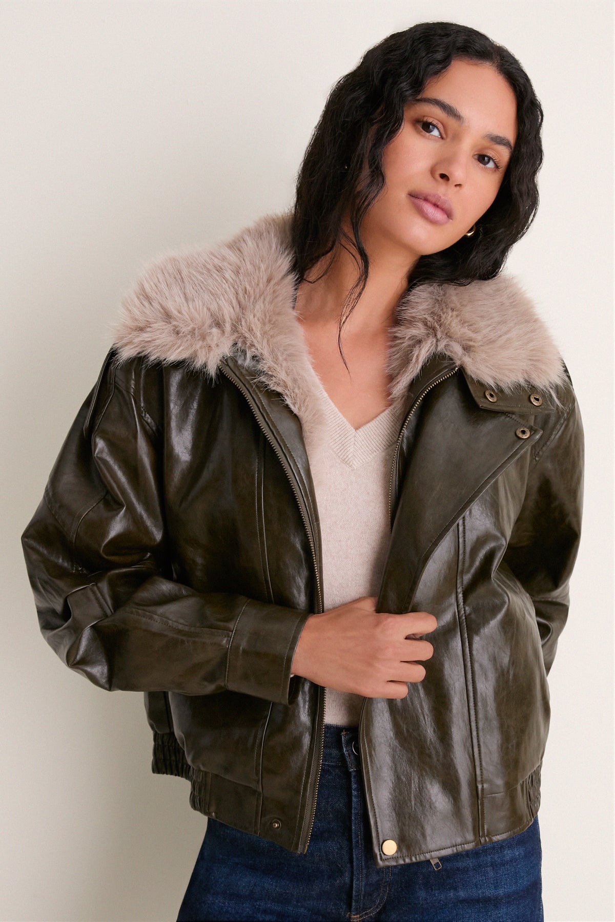Deep Olive Sable Contrast Faux Fur Leather Jacket
