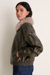 Deep Olive Sable Contrast Faux Fur Leather Jacket