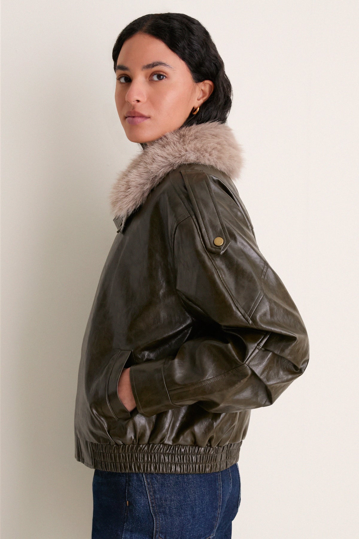 Deep Olive Sable Contrast Faux Fur Leather Jacket