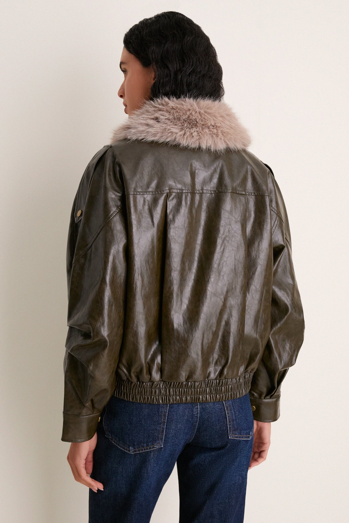 Deep Olive Sable Contrast Faux Fur Leather Jacket