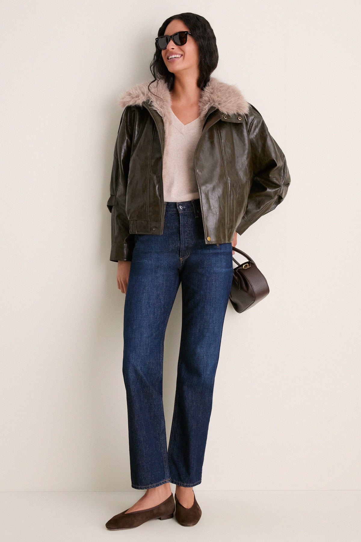 Deep Olive Sable Contrast Faux Fur Leather Jacket