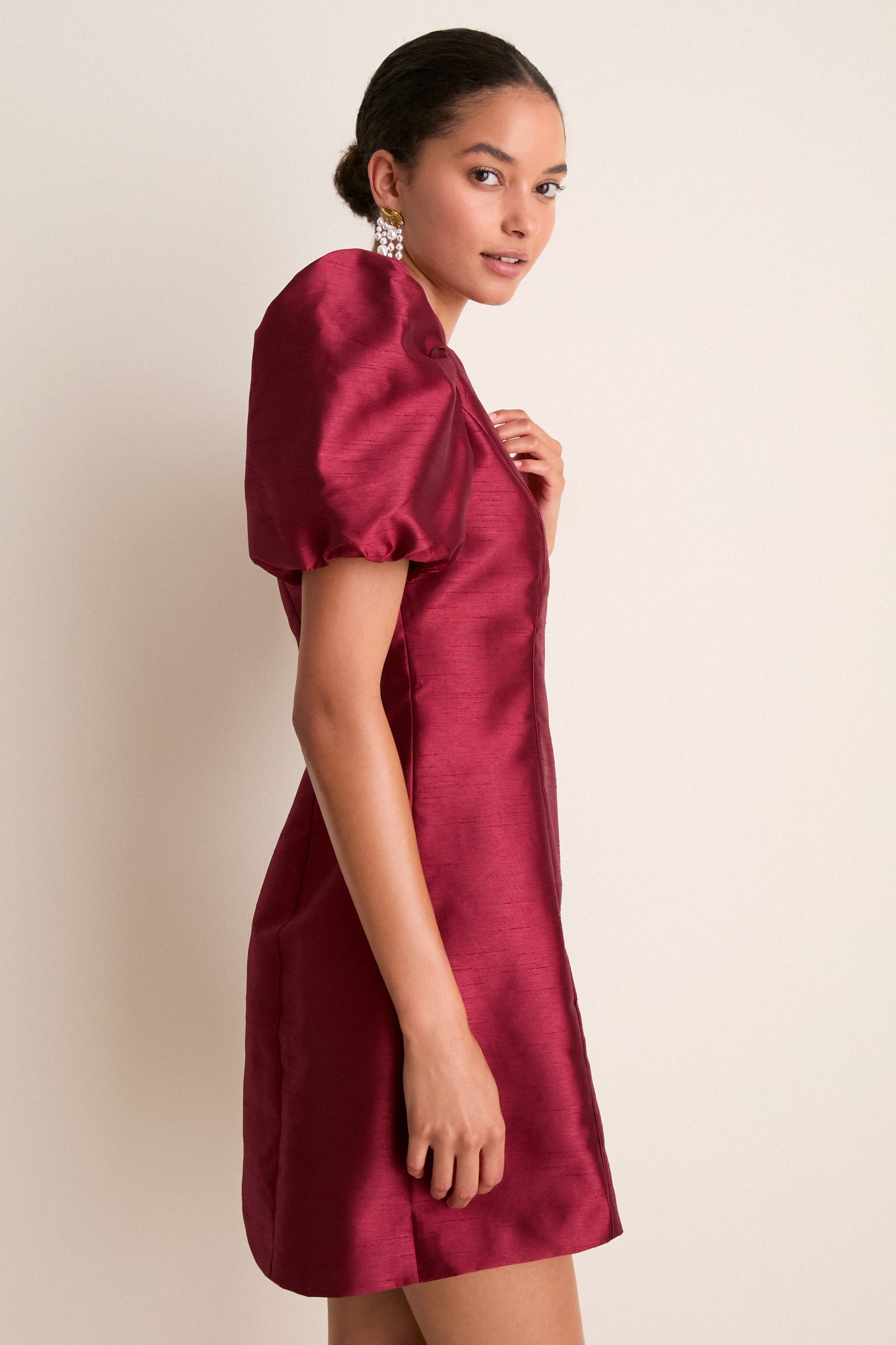 Cabernet Puff Sleeve Valentina Mini Dress