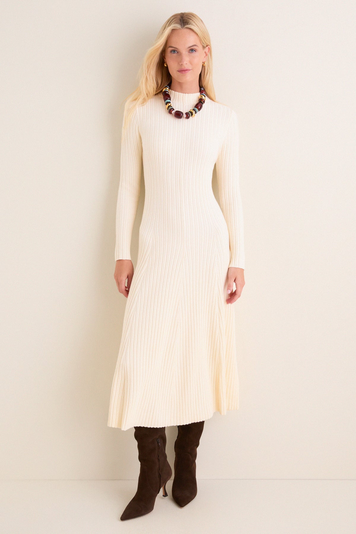 Cream Ribbed Knit Corey Midi Dress