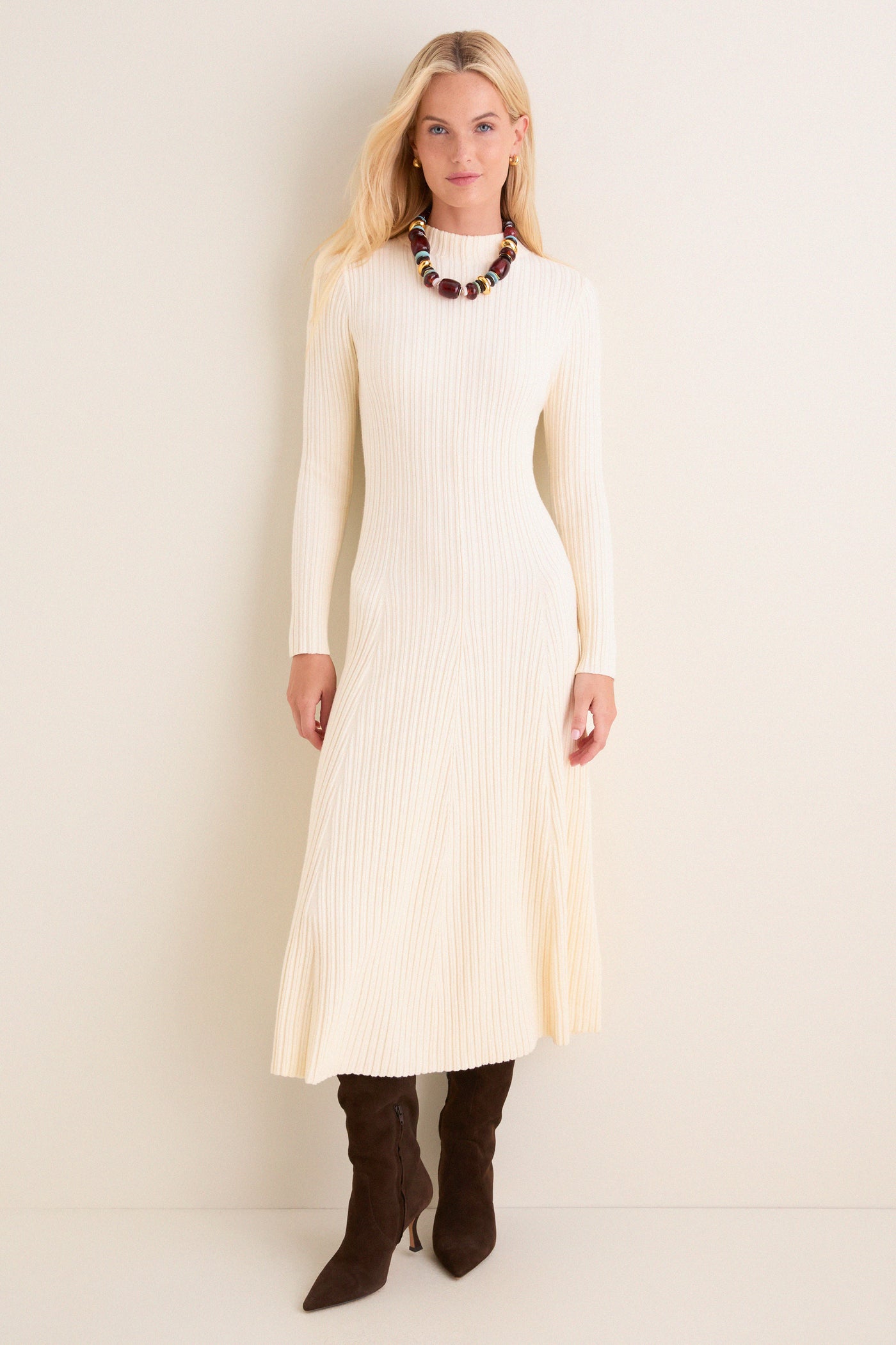 Hyacinth House Cream Ribbed Knit Corey Midi Dress Cream / S
